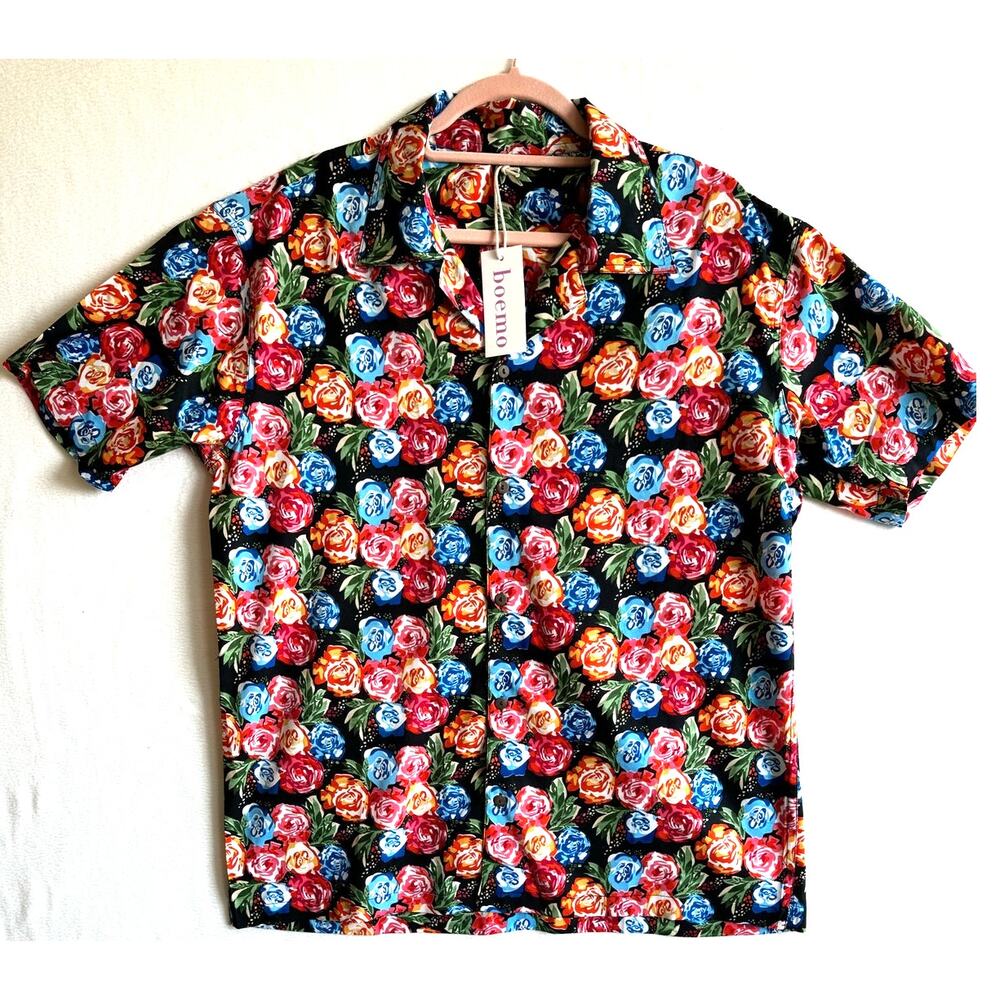 Boemo Man Shirt Sample Tags Mens Med Floral Short Sleeve Button Down Casual NWT
